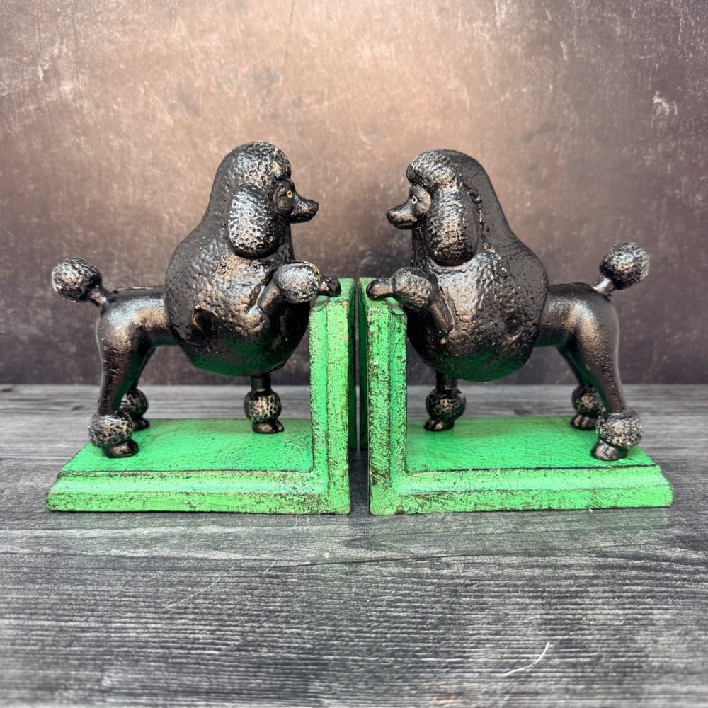 Cast Iron Black Poodle Dog Bookends Pair Vintage Style Midcentury MCM Heavy